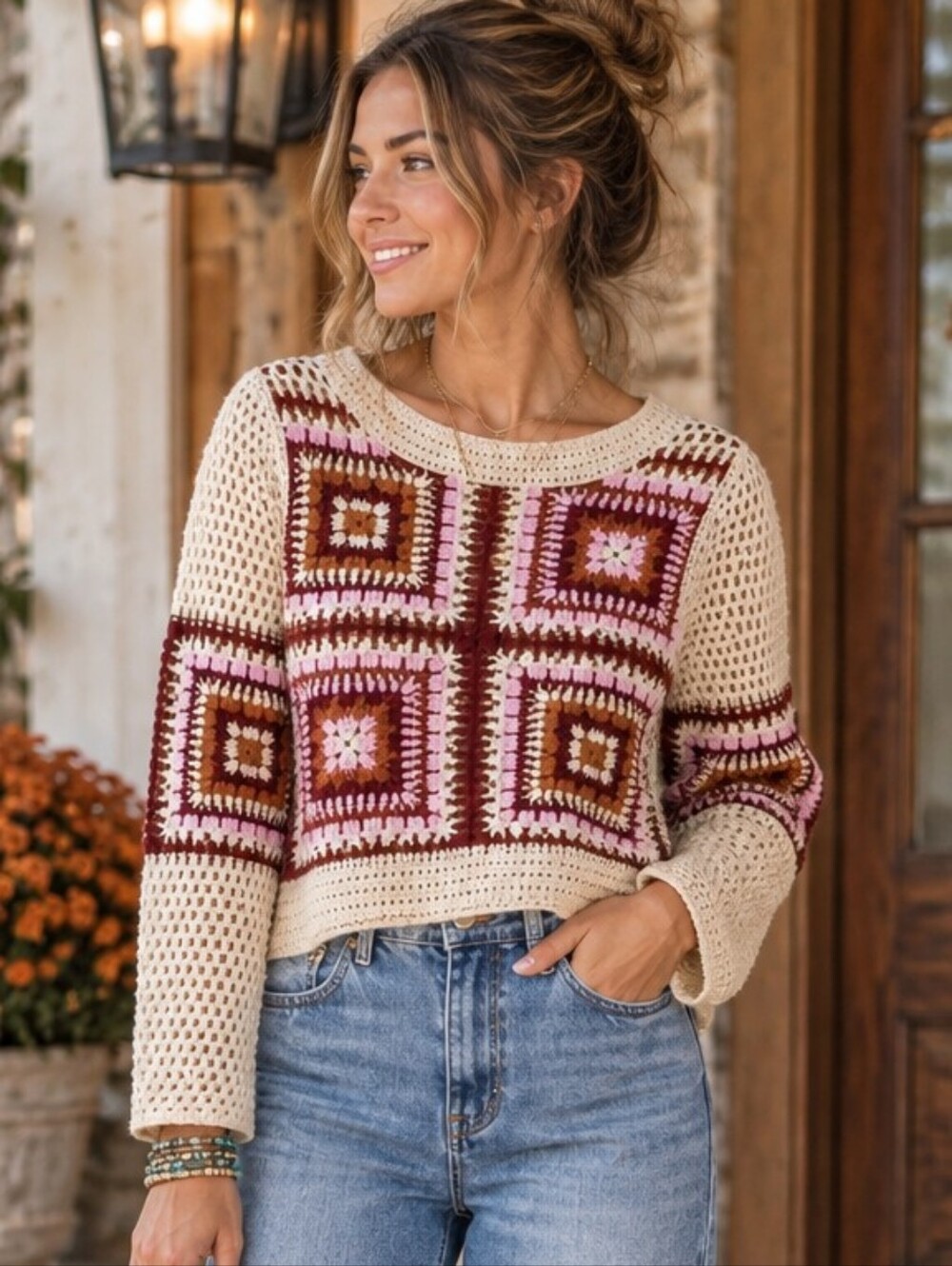 Granny Square Crochet Sweater Cream Multicolor Boho Cottagecore Y2K